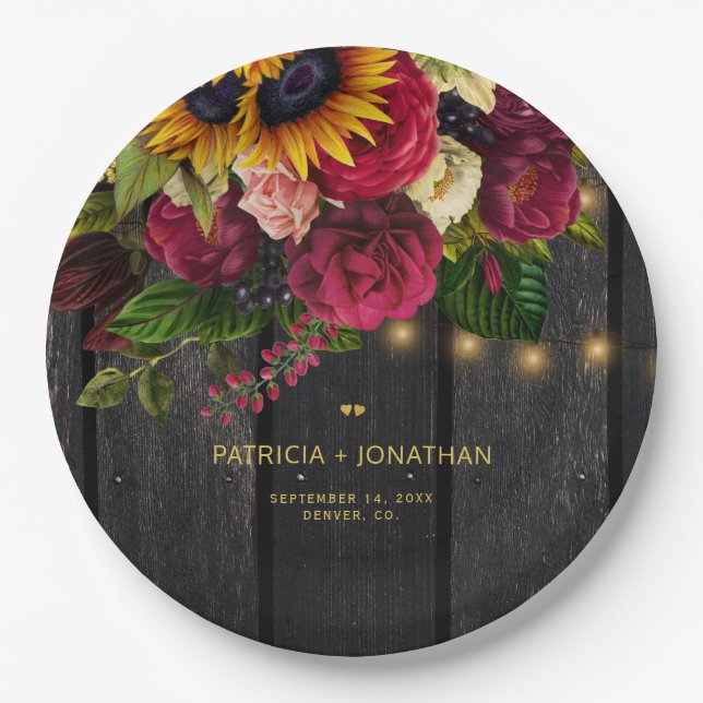 Rustikale Sonnenblume und Rose personalisierte Hoc Pappteller (Vorderseite)