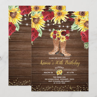Rustikale Sonnenblume und Rose Stiefel Geburtstag Einladung