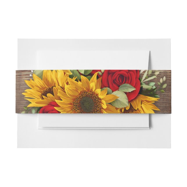 Rustikale Sonnenblume und Rote Rosen Blütenband Einladungsbanderole (Vorderseite Beispiel)