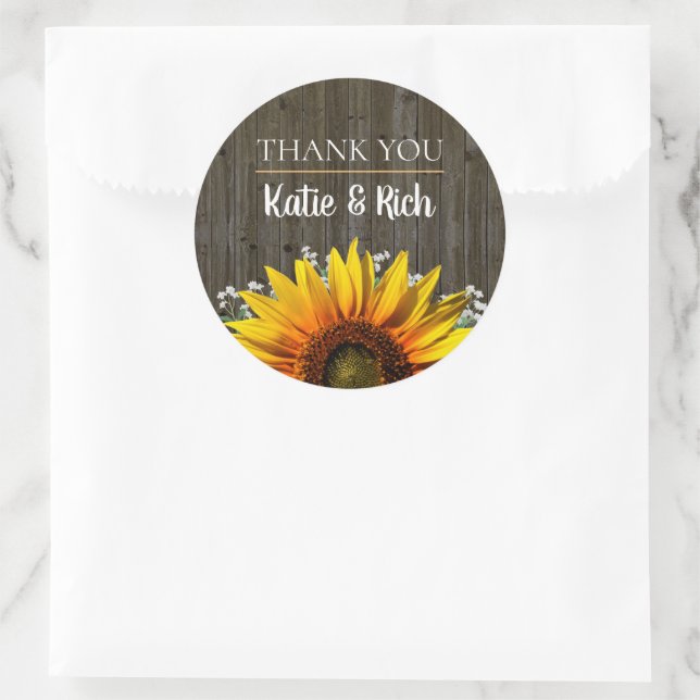 Rustikale Sonnenblume Vielen Dank für Ihre Hochzei Runder Aufkleber (Tasche)