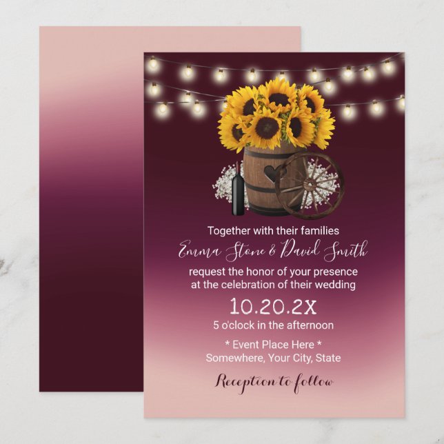 Rustikale Sonnenblume Wein Barrel Burgundy Red Wed Einladung (Vorne/Hinten)