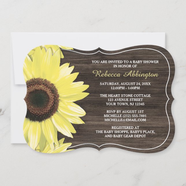 Rustikale Sonnenblume Wood Baby Dusche Einladungen (Vorderseite)