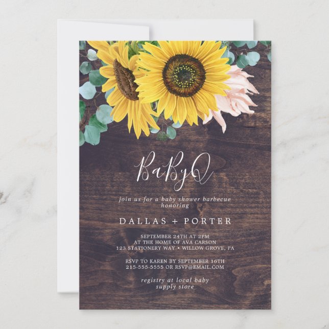 Rustikale Sonnenblume | Wood BabyQ Baby Shower Bar Einladung (Vorderseite)