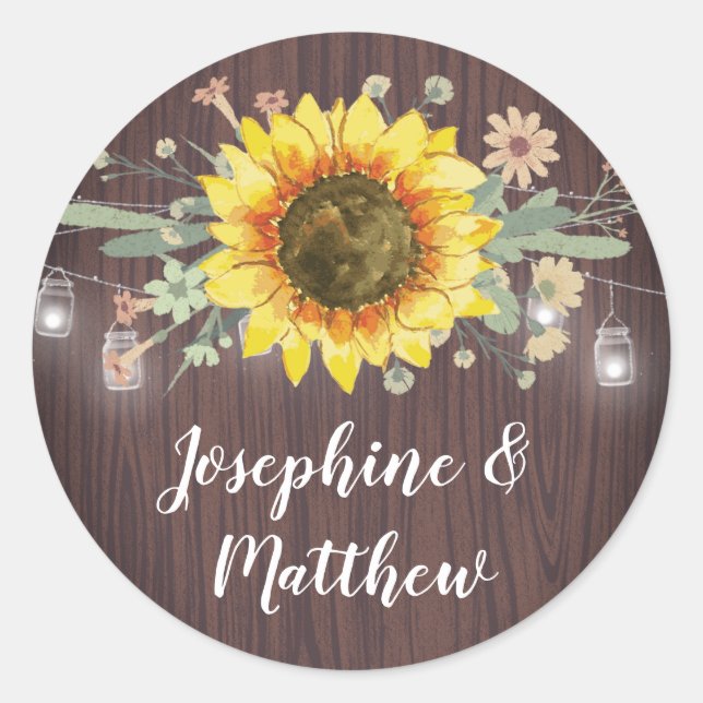 Rustikale Sonnenblume Wood Jar Lights Hochzeit Runder Aufkleber (Vorderseite)