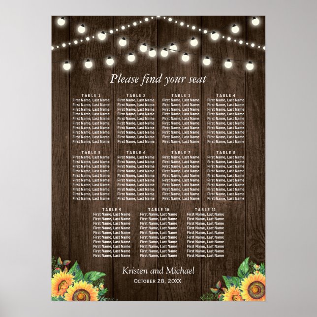 Rustikale Sonnenblumen 11 Tische Hochzeitskarte Poster (Vorne)