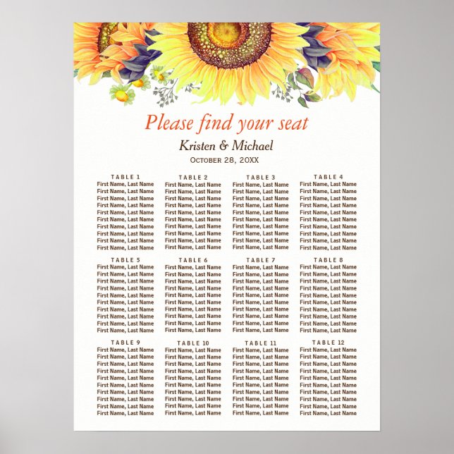Rustikale Sonnenblumen 12 Tische Hochzeitskarte Poster (Vorne)