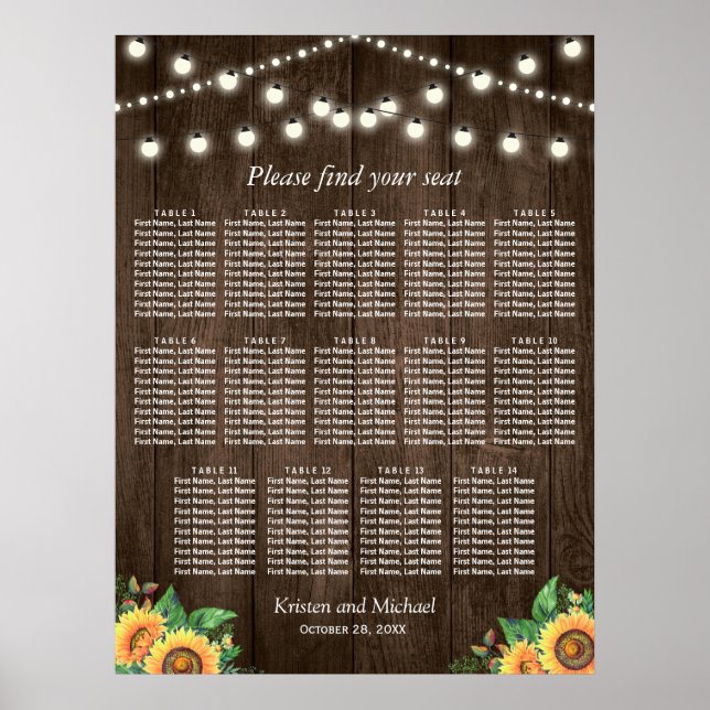 Rustikale Sonnenblumen 14 Tische Hochzeitskarte Poster (Vorne)