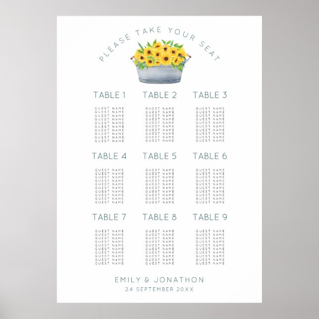 Rustikale Sonnenblumen 9 Tische 90 Gästekarte Poster (Vorne)