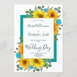 Rustikale Sonnenblumen Aquamarine blaue Rose Hochz Einladung