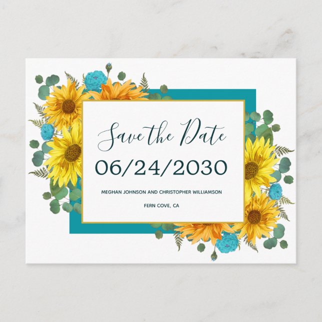 Rustikale Sonnenblumen Aquamarine Rose Hochzeit sp Ankündigungspostkarte (Vorderseite)