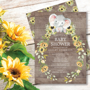 Rustikale Sonnenblumen & Baby Elefant Mädchen Baby Einladung