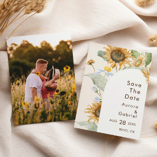 Rustikale Sonnenblumen-Beige-Bogen-Hochzeitsfoto Save The Date