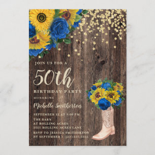 Rustikale Sonnenblumen Blaue Rosen Stiefel 50. Geb Einladung