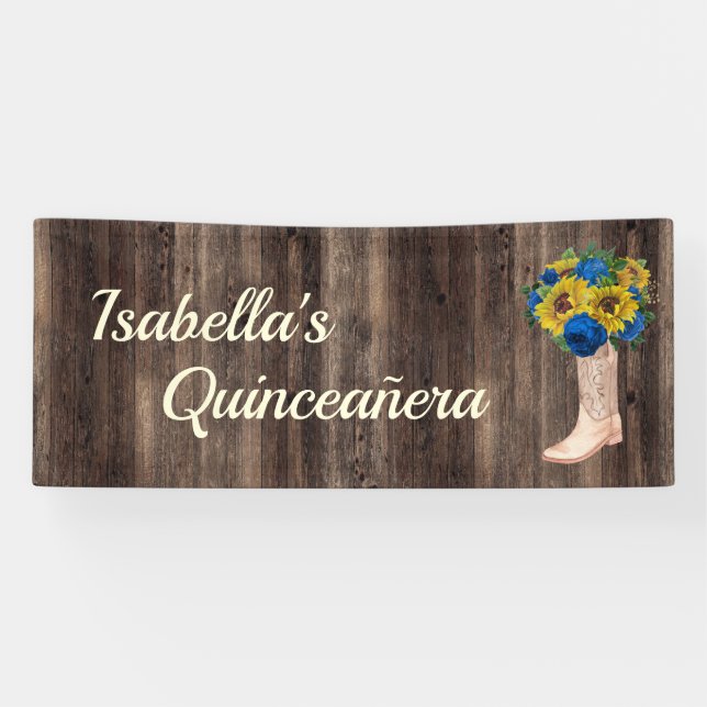 Rustikale Sonnenblumen Blauen Rose Stiefel Quincea Banner (Horizontal)