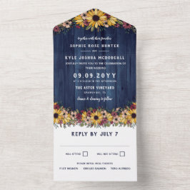 Rustikale Sonnenblumen Blauer Holzkörner Hochzeit All In One Einladung