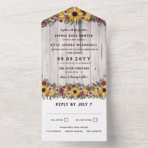 Rustikale Sonnenblumen Brautpaar-Hochzeit auf hell All In One Einladung