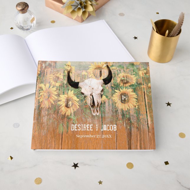 Rustikale Sonnenblumen Bull Skull Western Floral Gästebuch (Vorderseite Offen)