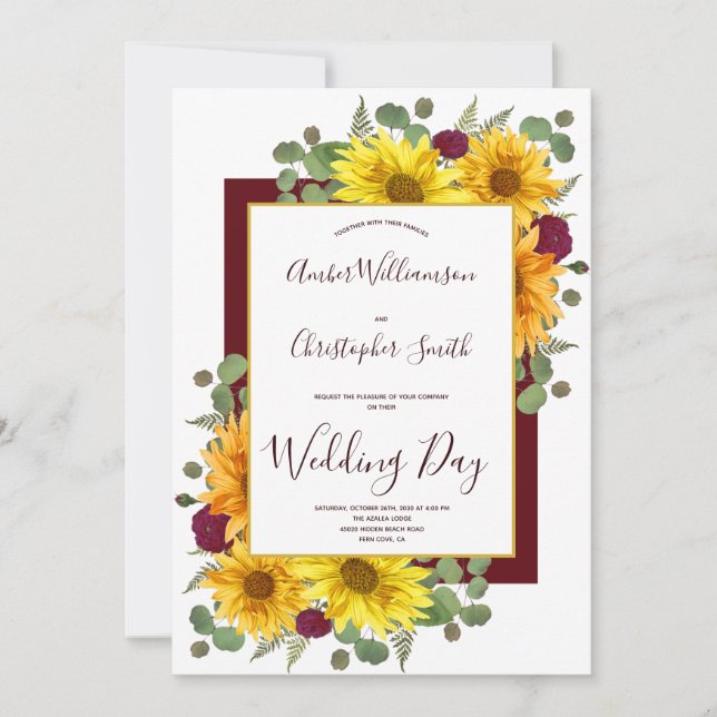 Rustikale Sonnenblumen Burgund Rose Hochzeit Land Einladung (Vorderseite)