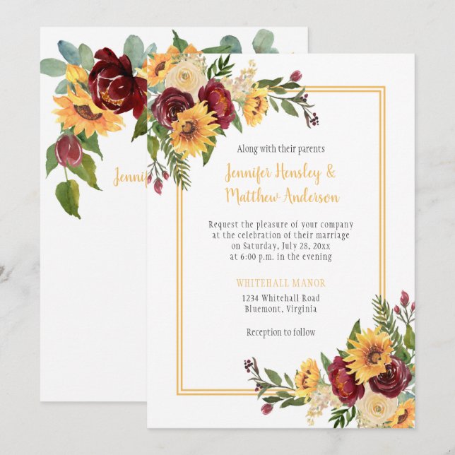 Rustikale Sonnenblumen & Burgunder-Rose Hochzeit Einladung (Vorne/Hinten)