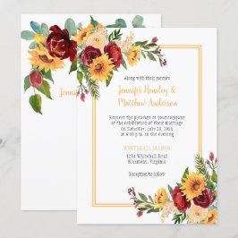Rustikale Sonnenblumen & Burgunder-Rose Hochzeit Einladung