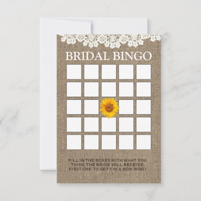 Rustikale Sonnenblumen Burlap Brautparty Bingo Car (Vorderseite)