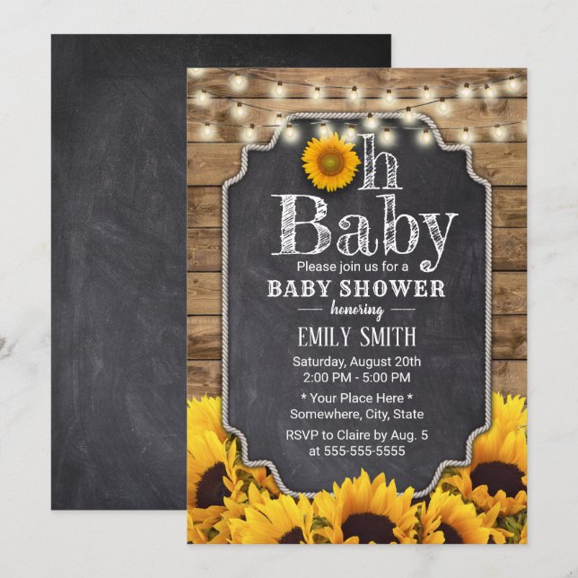 Rustikale Sonnenblumen Chalkboard Babydusche Einladung (Vorne/Hinten)