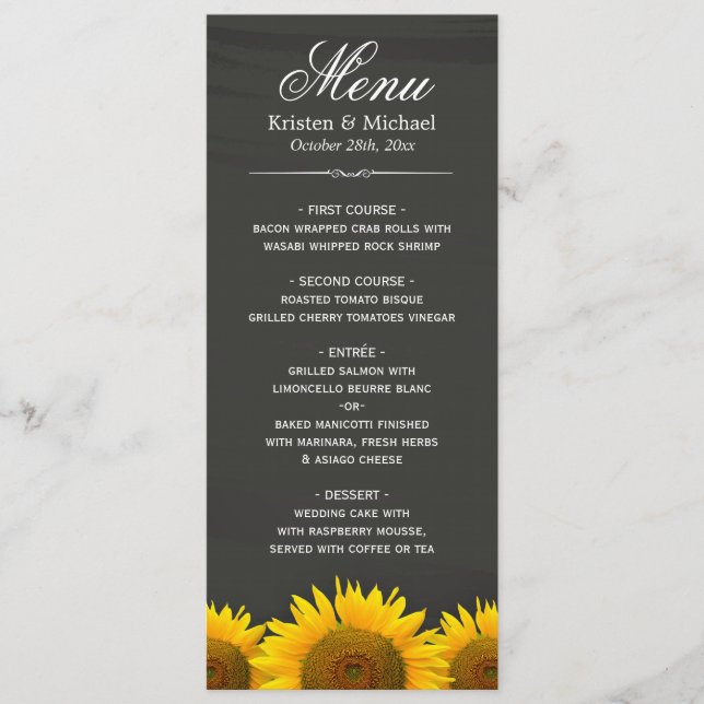 Rustikale Sonnenblumen Chalkboard Hochzeitsmenü Menükarte (Vorderseite)
