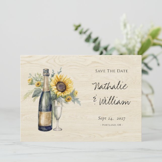 Rustikale Sonnenblumen-Champagner-Save-the-Date-Ka Save The Date (Stehend Vorderseite)