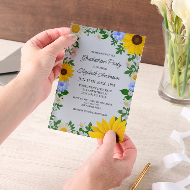 Rustikale Sonnenblumen Daisy Blues Graduation Part (Handgehalten)