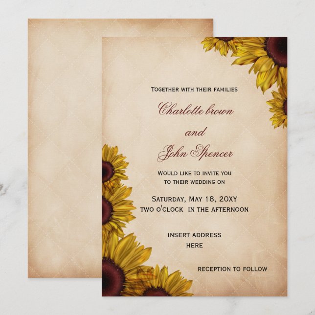 Rustikale Sonnenblumen Einladungen für Hochzeiten (Vorne/Hinten)