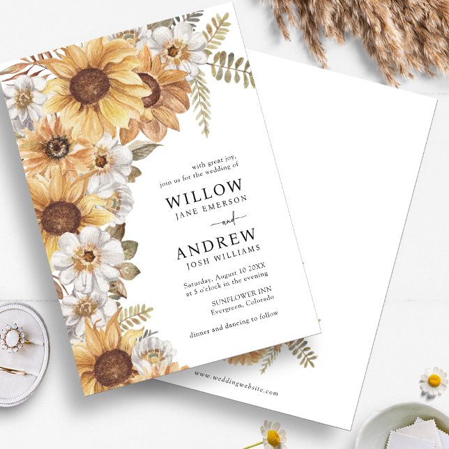 Rustikale Sonnenblumen Einladungen für Hochzeiten (Rustic Watercolor Sunflower Floral Wedding Invitations by Painted Paperie
)