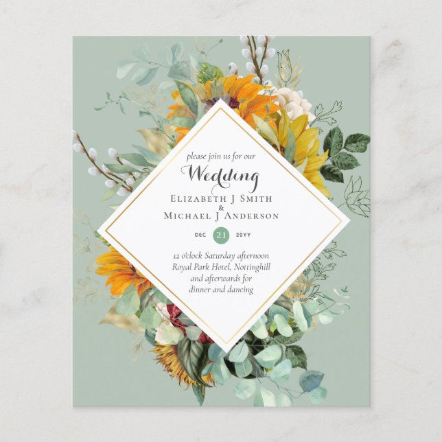 Rustikale Sonnenblumen Eukalyptus Greenery Wedding Flyer (Vorne)