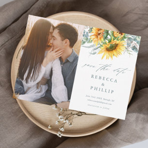 Rustikale Sonnenblumen-Eukalyptus-Hochzeit Save The Date