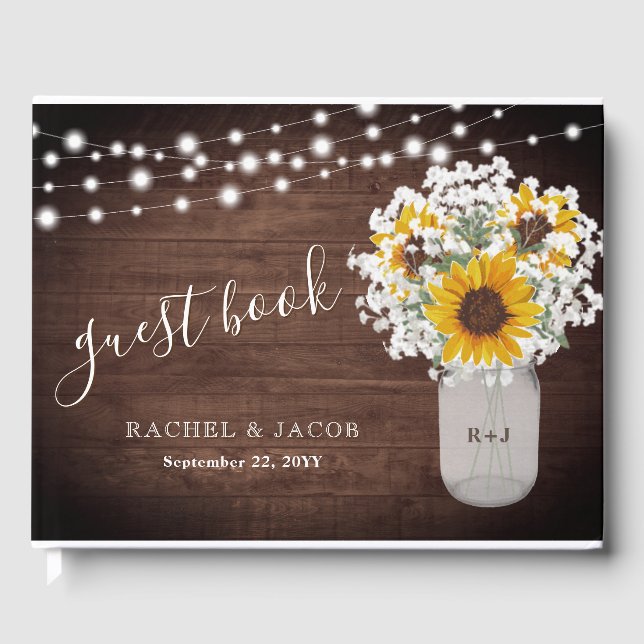Rustikale Sonnenblumen Gipskraut Jar Foto Hochzeit Gästebuch (Vorderseite)