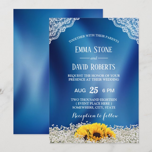 Rustikale Sonnenblumen & Gipskraut Navy Blue Weddi Einladung (Vorne/Hinten)