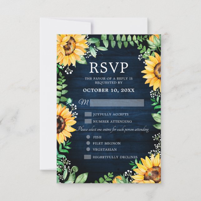 Rustikale Sonnenblumen Gipskraut Navy Blue Wedding RSVP Karte (Vorderseite)