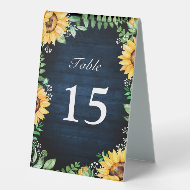 Rustikale Sonnenblumen Gipskraut Navy Blue Wedding Tischaufsteller (Vorderseite)