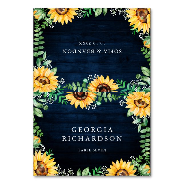 Rustikale Sonnenblumen Gipskraut Navy Blue Wedding Tischnummer (Vorderseite)