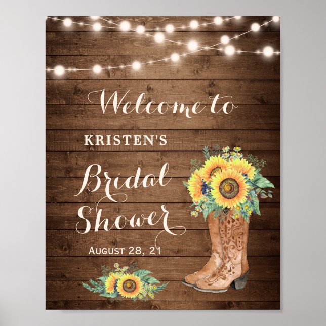 Rustikale Sonnenblumen Girl Boots Lights Brautpart Poster (Vorne)