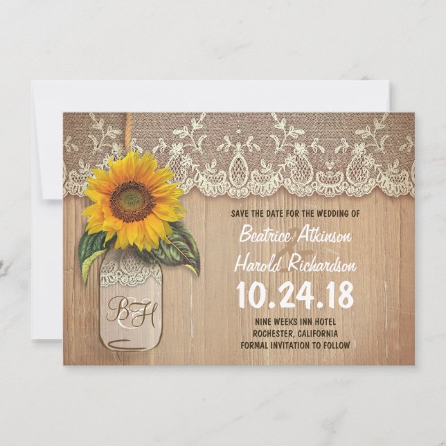 Rustikale Sonnenblumen-Glas speichern Sie das Datu Save The Date (Vorderseite)