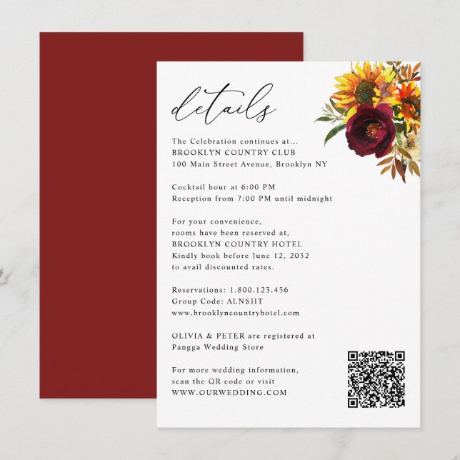 Rustikale Sonnenblumen Herbst Burgund Hochzeit Det Begleitkarte (Vorne/Hinten)