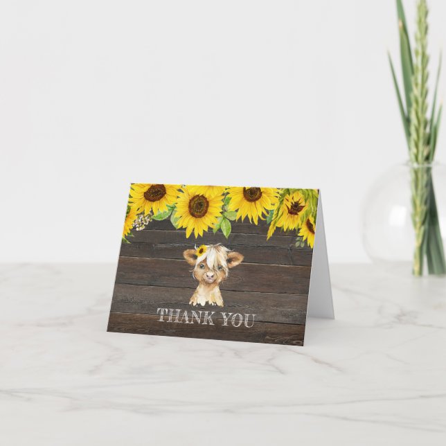 Rustikale Sonnenblumen Hochland Kuh Baby Dusche Dankeskarte (Vorderseite)