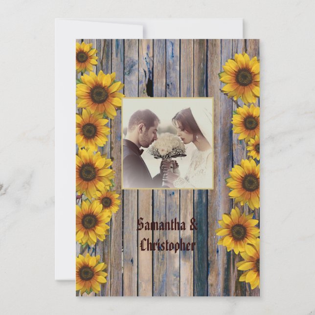 Rustikale Sonnenblumen Hochzeit Foto Einladung (Rückseite)