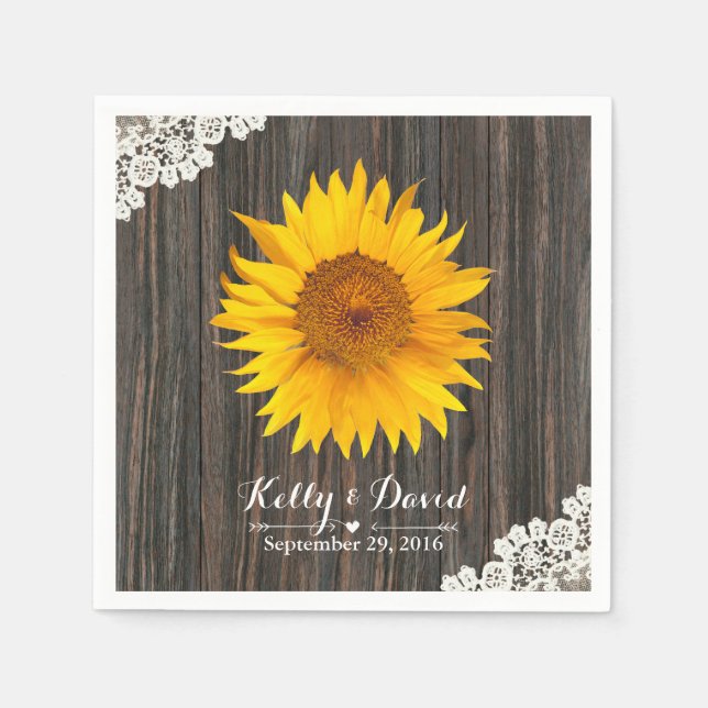 Rustikale Sonnenblumen-Hochzeit und Holzverheiratu Serviette (Vorderseite)