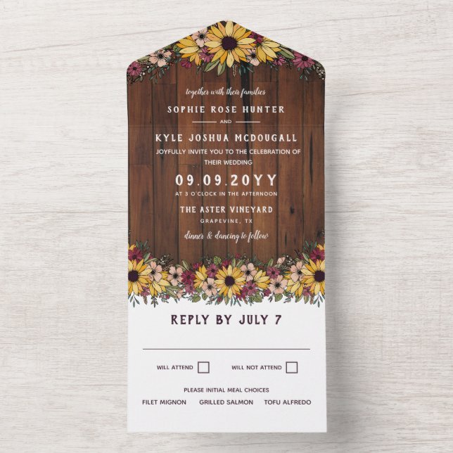 Rustikale Sonnenblumen Hochzeit von Holzkörnern All In One Einladung (Innen Boden)