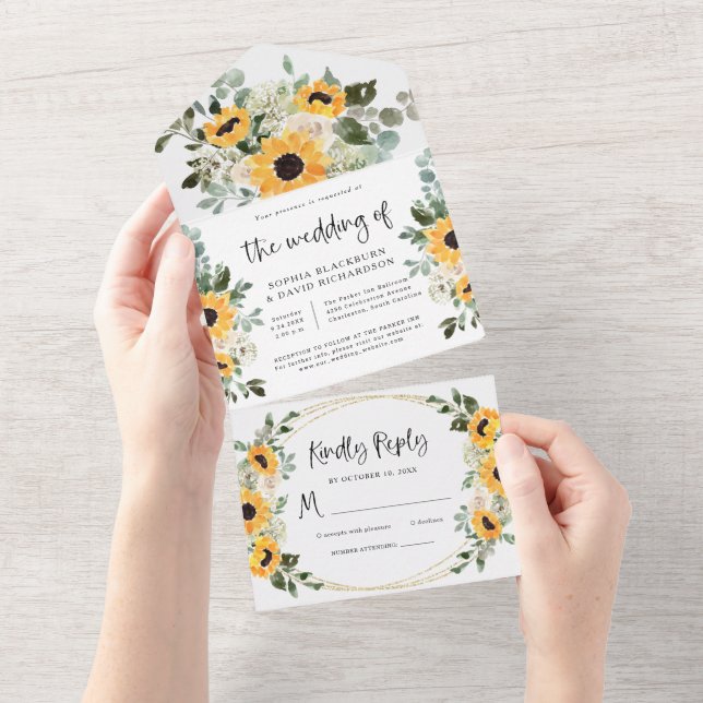 Rustikale Sonnenblumen | Hochzeit von Wasserfarben All In One Einladung (Abreißen)
