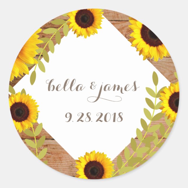 Rustikale Sonnenblumen-Hochzeitsticker Runder Aufkleber (Vorderseite)