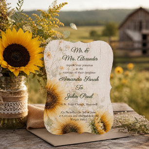 Rustikale Sonnenblumen-Holz-Blumen-Landhochzeit Einladung