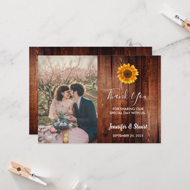Rustikale Sonnenblumen Holz Foto Hochzeit danke Ka (Vorderseite/Rückseite Beispiel)