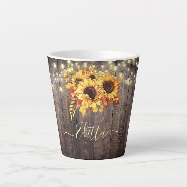Rustikale Sonnenblumen Holzsaitenleuchten Herbst Milchtasse (Vorderseite)